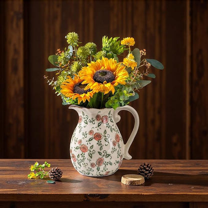 Green and Beige Vintage Vase with Handle,Red Rose Chinoiserie Vase,Farmhouse Antique Decorative Ceramic Vases for Home Decor,Bookshelf, Dining Table, Coffee Table,Mantel, Tuscan Decor (H8.05 Inch)