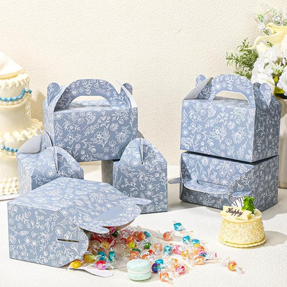 Dunzoom 24 Pack Dusty Blue Floral Paper Gift Boxes Party Favor Gift Gable Boxes with Chinoiserie Floral Printed Candy Treat Box for Wedding Birthday Tea Bridal Shower Party
