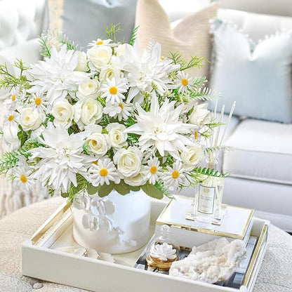 4PCS Artificial Flowers Dahlia Bouquet Fake Flowers White Silk Roses Daisies Faux Floral Arrangements for Dining Table Centerpieces for Kitchen Bridal Bouquet Wedding Party Home Decor