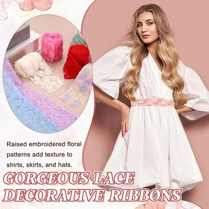 uxcell 2PCS Lace Trim Ribbon, 2.36 inch - 1 Yard 3D Rose Floral Embroidery Ribbons Edge Trimming for Sewing, Wedding Dress, DIY Crafts, Decoration Accessories, Light Pink