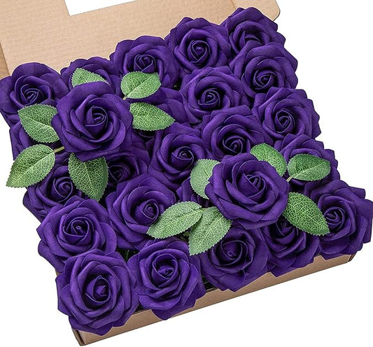 DuHouse 25Pcs Artificial Roses Flowers Fake Roses with Stems Real Touch Foam Flowers for DIY Wedding Bouquet Baby Shower Centerpiece Floral Arrangement Party Home Decor (Dark Purple)