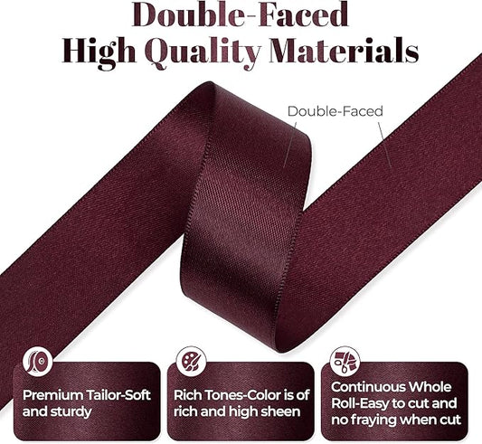 Burgundy Satin Ribbon, Double Faced 1 Inch X 50 Yards Burgundy Ribbon, Premium Satin Ribbon for Gift Wrapping, Crafts, Hair Bow Making, Sewing, Flower Bouquet, Wedding Party Decor