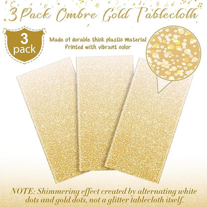 FunnyPars 3 Pack Ombre Gold Plastic Tablecloth for Parties, Gradient Yellow Gold Disposable Tablecloths for Rectangle Tables, Light Gold Table Cover for Wedding Birthday Anniversary Party, 54x108Inch