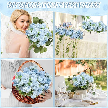 Lyrow 16 Pcs Peony Artificial Flowers Fake Silk Hydrangea Bouquet Elegant Peony Flowers for Wedding Decoration Faux Realistic Floral for Home Party Table Centerpieces Arrangement (Blue)