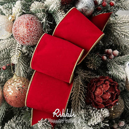 Ribbli Red Velvet Wired Ribbon 4 Inch Luxury Matte Velvet Christmas Ribbon for Gift Wrapping Christmas Tree Decoration Crafts Wreaths Supplies -10 Yards