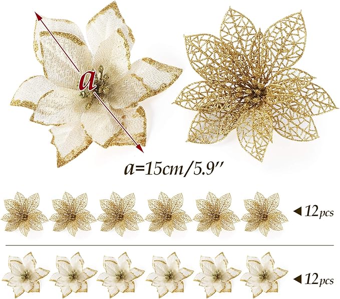 ilauke 24Pcs Gold Poinsettias Artificial Christmas Flowers, 6" Glitter Artificial Christmas Flowers with 30 Clips, for Xmas Tree Decorations Wedding Party Fireplace Stairs Decor