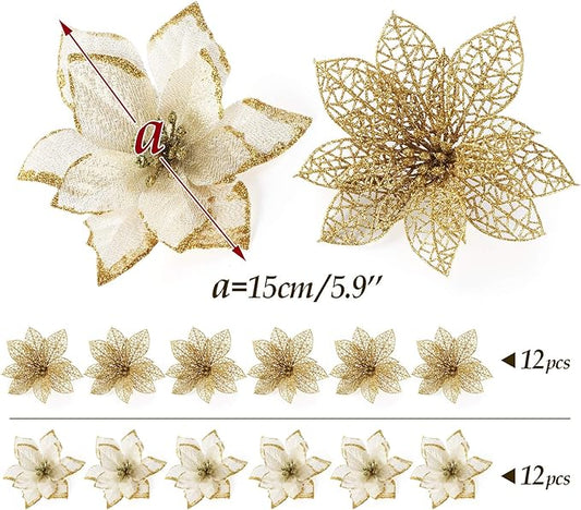 ilauke 24Pcs Gold Poinsettias Artificial Christmas Flowers, 6" Glitter Artificial Christmas Flowers with 30 Clips, for Xmas Tree Decorations Wedding Party Fireplace Stairs Decor