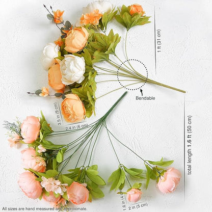 FiveSeasonStuff Harvest Keepsake Artificial Peony Bouquet – Set of 2 Faux Silk Flower Bundles with Autumn Ivory, Orange & Greenery Accents for Fall Centerpieces, Weddings & Home Decor – 1.6 ft Stems