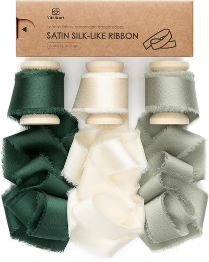 Vitalizart Green & White Silk Satin Ribbon 1 Inch x 15 Yard Wooden Spool Handmade Frayed Ribbon for Gift Wrapping Baby Shower Wedding Bridal Bouquets Holiday Decor Dark Dusty Cream