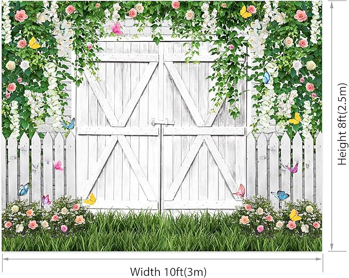 AOFOTO White Barn Door Floral Backdrop 10x8ft Spring Garden Background Banner Green Leaves Flowers Butterfly Wooden Door Backdrops Birthday Bridal Shower Wedding Banner Photo Booth Studio Props