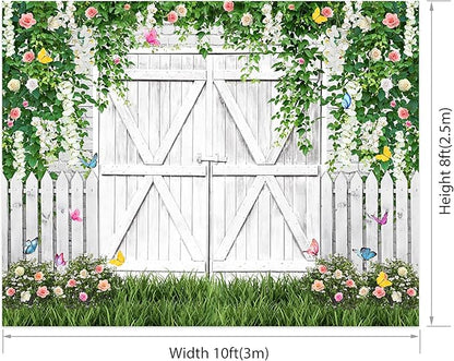 AOFOTO White Barn Door Floral Backdrop 10x8ft Spring Garden Background Banner Green Leaves Flowers Butterfly Wooden Door Backdrops Birthday Bridal Shower Wedding Banner Photo Booth Studio Props