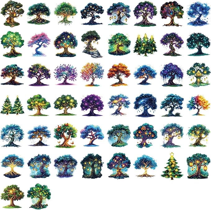50 Pcs Magic Tree Stickers, Transparent PET Waterproof Decals, Cartoon Aesthetic Stickers for Water Bottles, Laptops, Scrapbooks, Journals, Planners - DIY Craft Supplies Gift