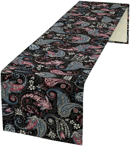 Bohemian Table Runner, Black Blue Pink Paisley Floral Boho Decor Table Runner for Kitchen Dining Home Party, 13x90 Inch