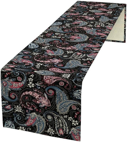 Bohemian Table Runner, Black Blue Pink Paisley Floral Boho Decor Table Runner for Kitchen Dining Home Party, 13x70 Inch