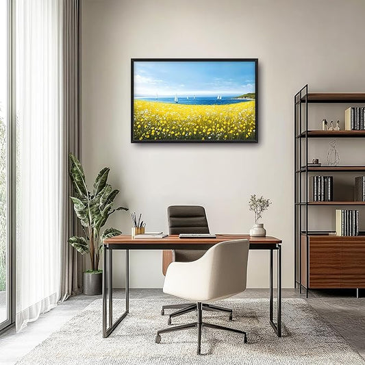Coastal Flowers Large Wall Art Framed Wall Decor for Living Room Ocean Sailboat Pictures Oversized Canvas Print Painting Modern Extra Large Framed Artwork for Bedroom Office Home Decor 36"x24"