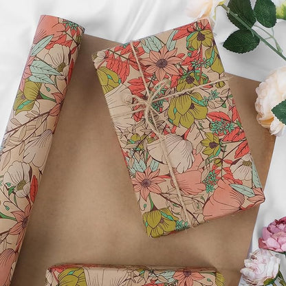 Aimyoo Kraft Floral Wrapping Paper Roll - Jumbo Roll - 30 Inch x 33 Feet - All Occasion Vintage Flower Gift Wrap Paper for Mother's Day Wedding Birthday Bridal Shower