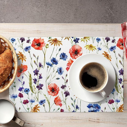 Placemats 4 pcs Watercolor Flower Double-Layer Imitation Linen Place Mats Non-Slip Heat-Resistant Tablemats for Home Restaurant Hotel 18×12 Inch