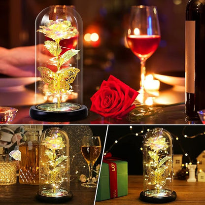 Birthday Rose Flower Gifts for Women, Mothers Day Glass Rose Gift for Mom from Daughter Son, Colorful White Rainbow Rose in Glass Dome with Music Box, Light Up Rose in Glass Dome for Her Wife Grandma