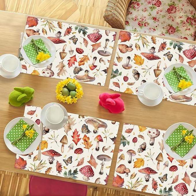 Mushroom Botanical Placemats Set of 4 Mushroom Plants Place Mats Botanic Waterproof Washable Table Mats Kitchen Dining Decoration 4 PCS