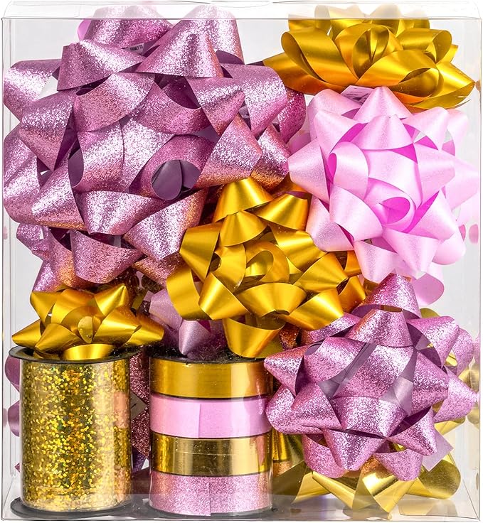 WRAPAHOLIC 16 Pcs Gift Bows Assortment - 14 Multi Colored Assorted Size Gift Bows(Pink, Gold), 2 Crimped Curling Ribbons, Perfect for Holiday, Party