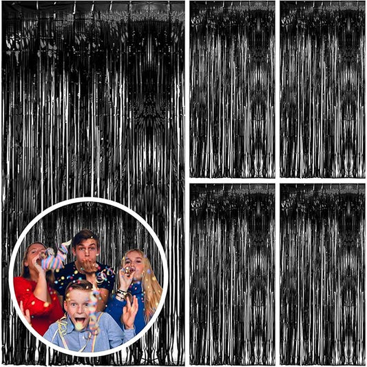 5 Pack Black Party Streamers Backdrop Tinsel Foil Fringe Curtains Halloween & Birthday Party Decorations