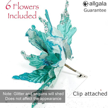 allgala 6-PK Glitter and Sequin Decorated Fabric Poinsettia Artificial Christmas Flower with Clips-Turquoise-XF93304