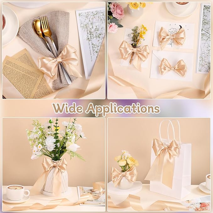 Champagne Gold Ribbon 1 1/2 Inch 60 Yards Wide Christmas Satin Ribbons Gold Bows for Gift Wrapping Flower Bouquet Birthday Christmas Decorations