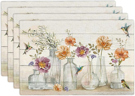 Floral Placemats Set of 4 Flower Hummingbird Table Mats Washable Place Mats for Home Party Indoor Kitchen Dining Table Decoration 12x18 Inch