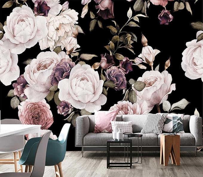 Cliouar-Peony Flowers Wall Mural - Purple Flower Wallpaper, Rose Mural Peel and Stick 137" x 102"