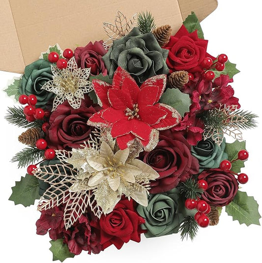 Artificial Christmas Flowers Mix Silk Flowers Fake Roses with Stems for DIY Bridal Bouquets Faux Flowers Centerpieces for Table Home Christmas Decorations