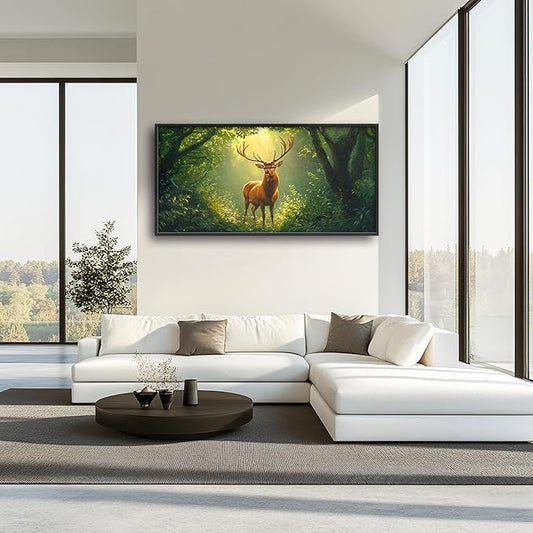 Forest Elk Deer Large Wall Art Framed Green Wall Decor for Living Room Farmhouse Deer Pictures Oversized Canvas Print Painting Modern Extra Large Framed Artwork for Bedroom Office 60"x30"