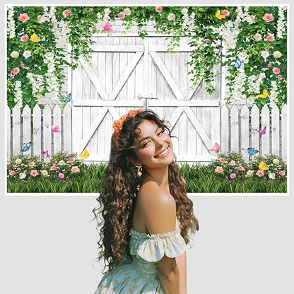 AOFOTO White Barn Door Floral Backdrop 5x3ft Spring Garden Background Banner Green Leaves Flowers Butterfly Wooden Door Backdrops Birthday Bridal Shower Wedding Banner Photo Booth Studio Props