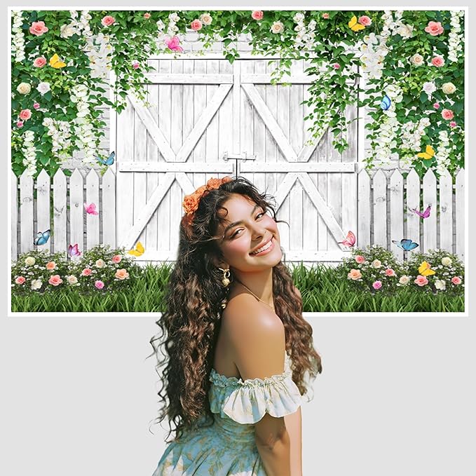 AOFOTO White Barn Door Floral Backdrop 10x6.5ft Spring Garden Background Banner Green Leaves Flowers Butterfly Wooden Door Backdrops Birthday Bridal Shower Wedding Banner Photo Booth Studio Props