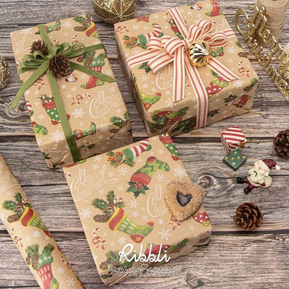 Ribbli Christmas Wrapping Paper Christmas Socks Candy Canes Kraft Wrapping Paper Rolls, Mini Roll-17 Inch x 33 Feet Per roll