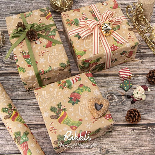 Ribbli Christmas Wrapping Paper Christmas Socks Candy Canes Kraft Wrapping Paper Rolls, Mini Roll-17 Inch x 33 Feet Per roll