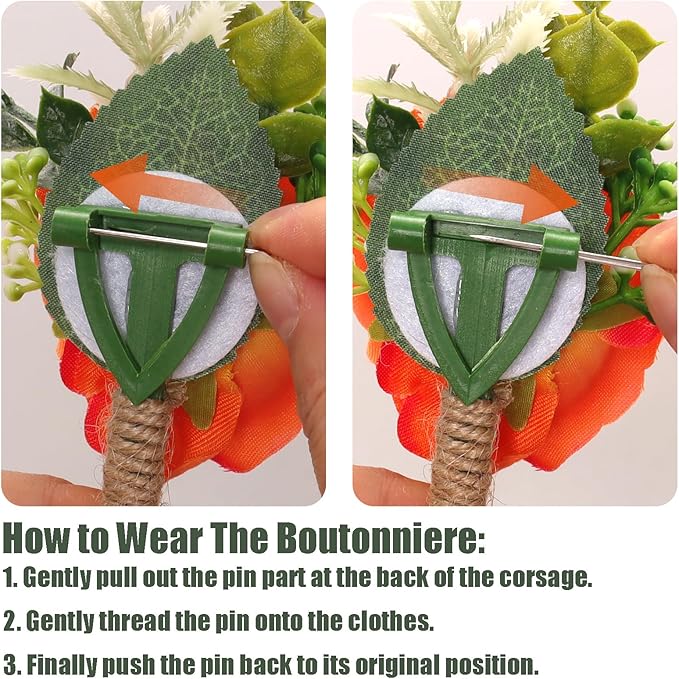 Burnt Orange Rose Boutonniere for Men Wedding Set of 6 Groom Groomsmen Best Man Artificial Flowers Boutonniere for Wedding Ceremony Anniversary Prom Flowers Formal Dinner Party (Orange)