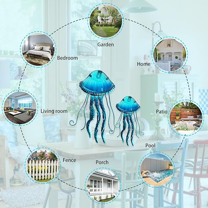 LIFFY Metal Jellyfish Wall Decor Beach Ocean Nautical Tropical Fish Wall Art Home Hanging Decor Glass Metal Fish Wall Decor for Pool, Beach, Patio, Garden,Home(15inch, 10inch)