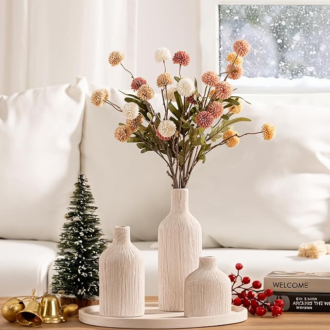 Ceramic Vase Home Table Decor - White Flower Vase Set of 3 Living Room Kitchen Decorations Farmhouse Modern Rustic Vases Decorative Centerpiece for Shelf Bedroom Office Bathroom Dining Coffee Desk