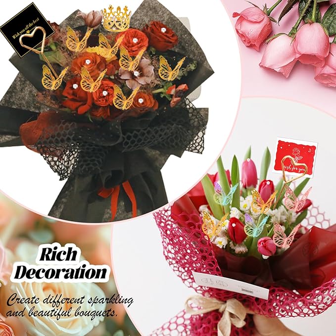 512Pcs Flower Wrapping Paper Kit with 120 Sheets Waterproof Floral Wrapping Paper 3D Butterfly Decor Crowns,Bouquet Pins Ribbons,DIY Crafts for Mother's Day Valentines Graduation Birthday Gift