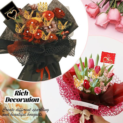 512Pcs Flower Wrapping Paper Kit with 120 Sheets Waterproof Floral Wrapping Paper 3D Butterfly Decor Crowns,Bouquet Pins Ribbons,DIY Crafts for Mother's Day Valentines Graduation Birthday Gift