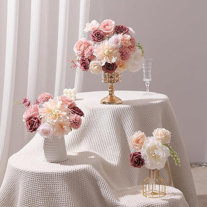 Artificial Flowers Combo, Mix Silk Flowers Roses, Peonies, Dahlias with Stems for DIY Wedding Bridal Bouquets, Baby Shower, Table Centerpieces, Home Decor, Fake Floral Arrangements-Blush Pink
