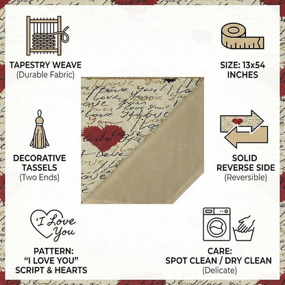 Tache Romantic Cursive Handwritten Love Letter Valentine Hearts Beige Table Runner - Vintage Farmhouse Woven Tapestry Kitchen Dining Dinner Linen Napery Cloth - 13 x 54 inches