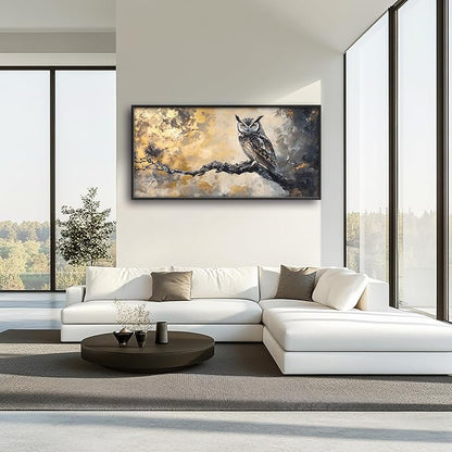 Owl Large Wall Art Framed Gold Wall Decor for Living Room Mountain Owl Pictures Oversized Canvas Print Painting Modern Extra Large Framed Artwork for Bedroom Office Home Decor 60"x30"