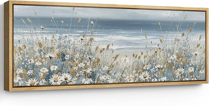 SIGNFORD Large Framed Canvas Print Wall Art Coastal Wildflowers Beach Meadow Landscape in Soft Blue and Beige Tones Illustrations Modern Art Relax/Calm Warm for Living Room, Bedroom, Office - 60"x20"