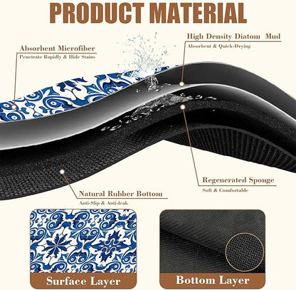 Dish Drying Mat Blue Portuguese Tiles Coffee Bar Mat for Countertop Absorbent Rubber Backed Hide Stain Dish Drainer Rack Pad Espresso Machine Cafe Table Dining Room Decoration 11.8 x 19.7 Inch