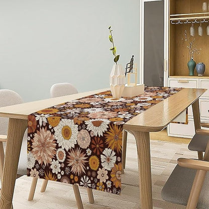 Boho Floral Table Runner, Vintage Country Farmhouse Daisy Flowers Modern Kitchen Dining Room Decoration for Indoor and Outdoor Wedding Party Banquet Table Runner 13x70 Inch