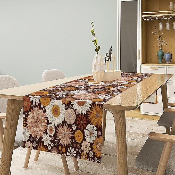 Boho Floral Table Runner, Vintage Country Farmhouse Daisy Flowers Modern Kitchen Dining Room Decoration for Indoor and Outdoor Wedding Party Banquet Table Runner 13x60 Inch