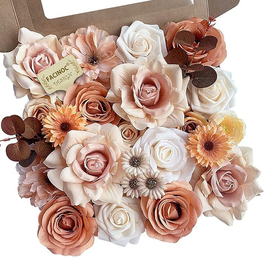 Roses Artificial Flowers Bouquet Combo Box Set for DIY Wedding Centerpieces for Table Bridal Baby Shower Party Decorations Fake Silk Floral Arrangements for Home Decor Indoor Peach Pink