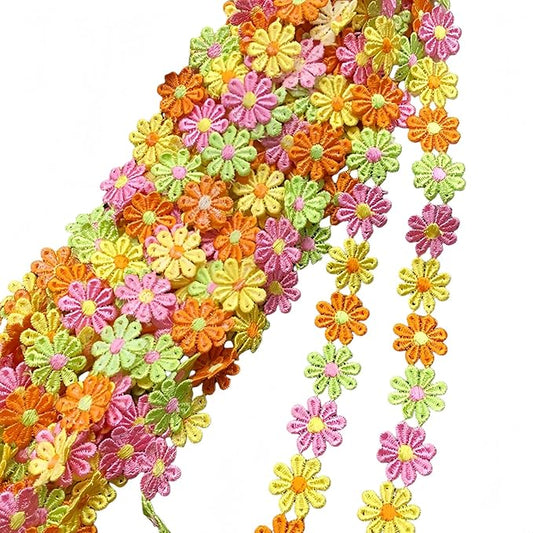15 Yards Daisy Flower Lace Trim Embroidered Floral Lace Sewing Trim Ribbons for Embellishment Craft Dress Hair Accessories Decorations (Yellow/Pink/Green/Orange, 1" x 15 Yards)