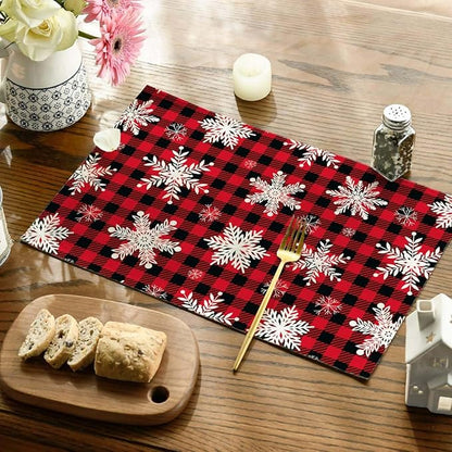 Christmas Snowflakes Placemats Set of 4 Buffalo Plaid Place Mats Washable Table Dinner Mats Linen Table Mats for Kitchen Dining Party Home Kitchen Decor 12x18 Inch